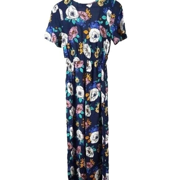 Band of Gypsies Jumpsuit Blue Small V Neck Short Sleeves Front Tie Floral Boho - Picture 5 of 7